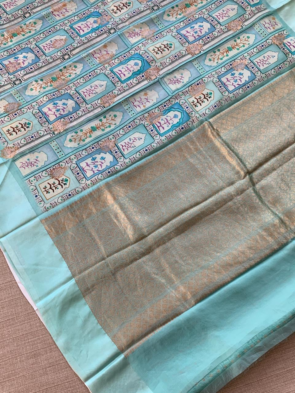 Mint Blue Soft Silk Saree with patola style print and mashru borders