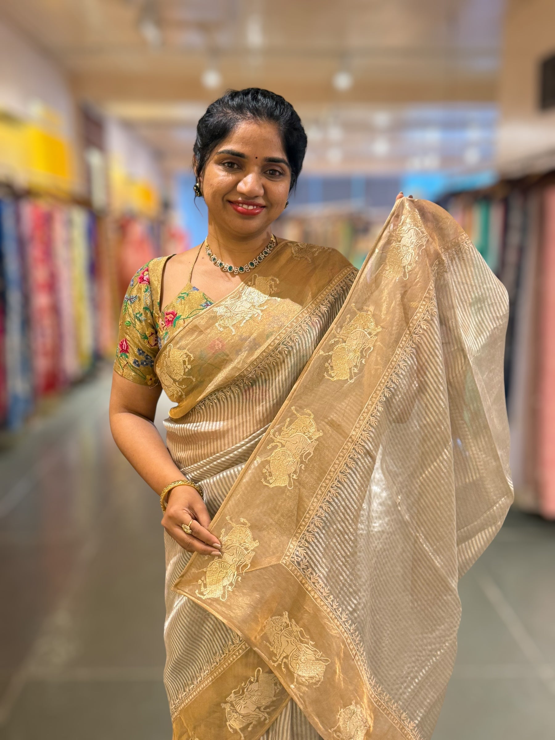 Earthy Grey Kora tissue stripes Saree with Nandi embroidered tissue border
