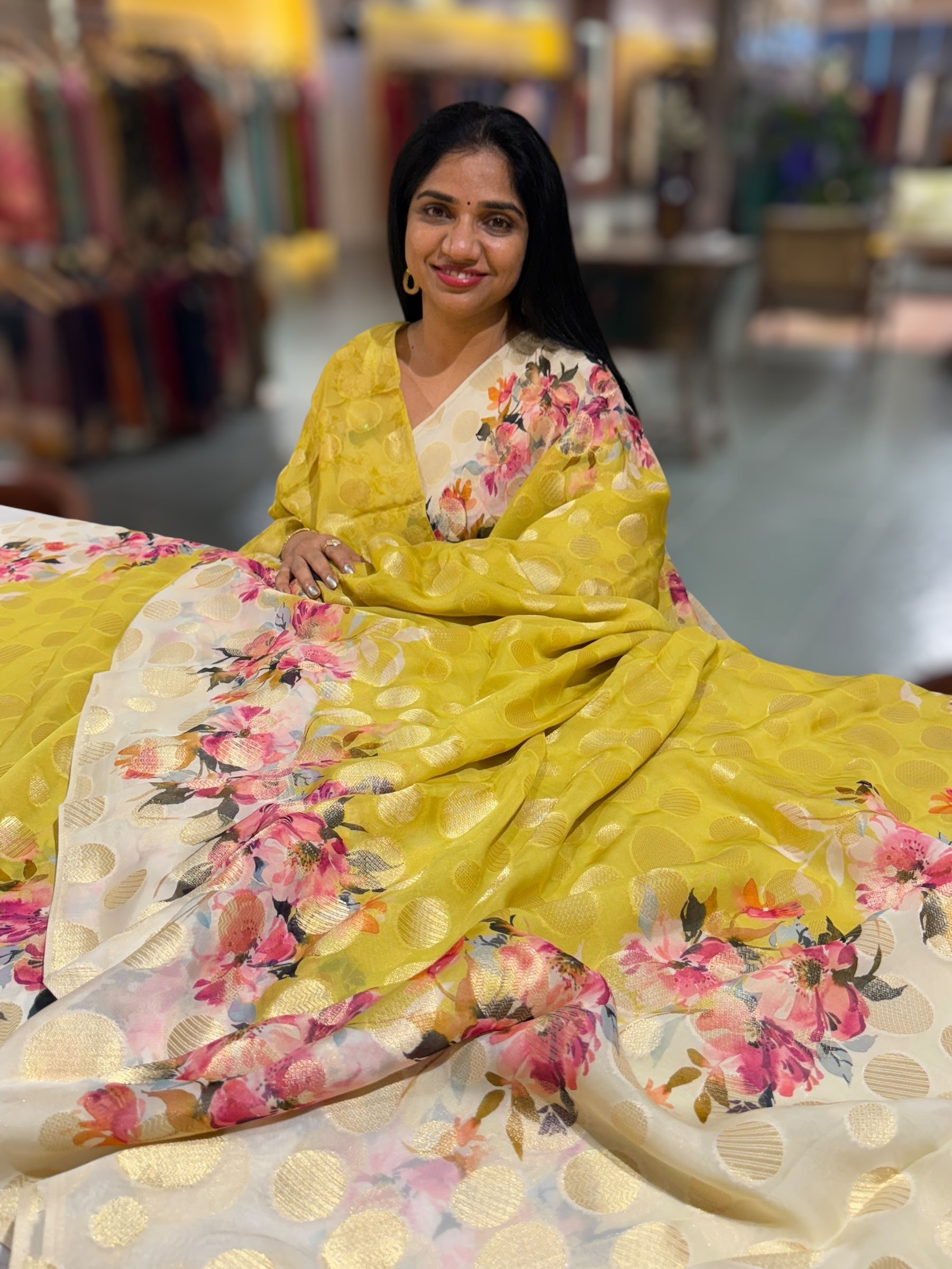 Lemon Green Banarasi Kora Gorgette Polka dot Printed Saree