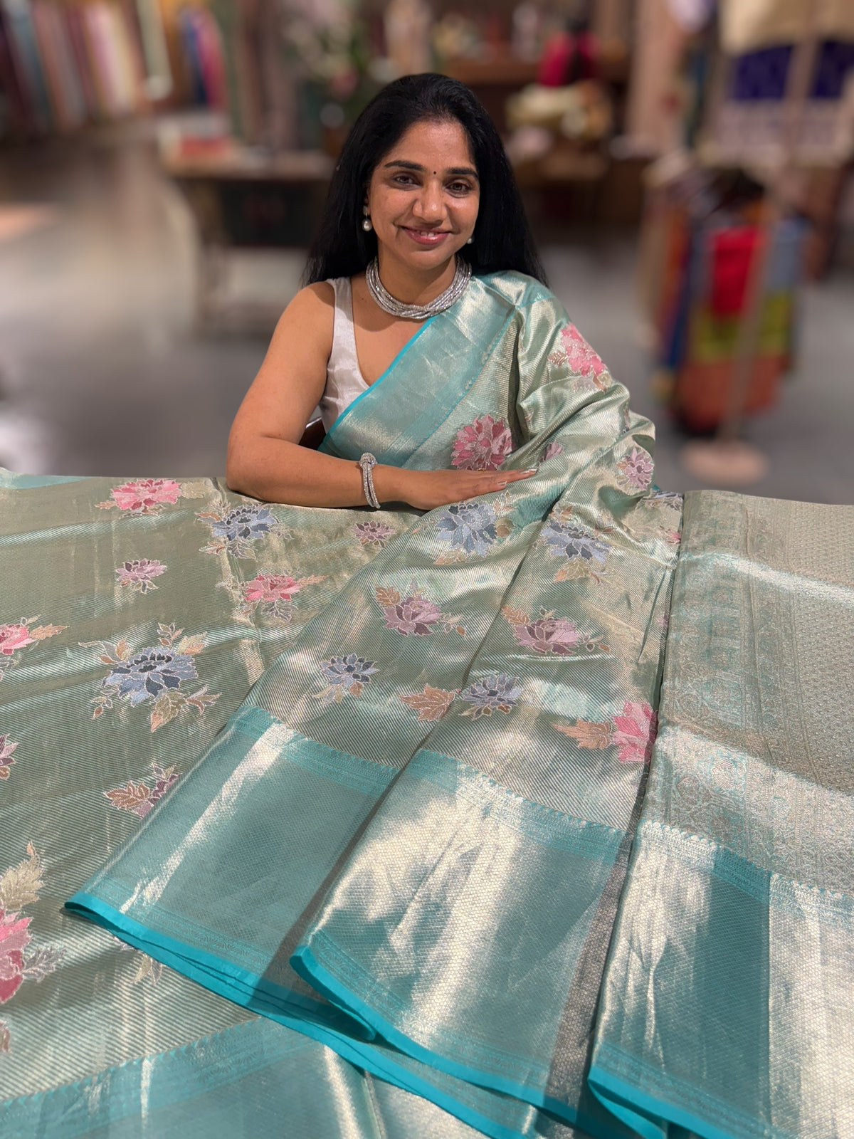 Mint Blue Designer Kanchi Saree with allover embroidery