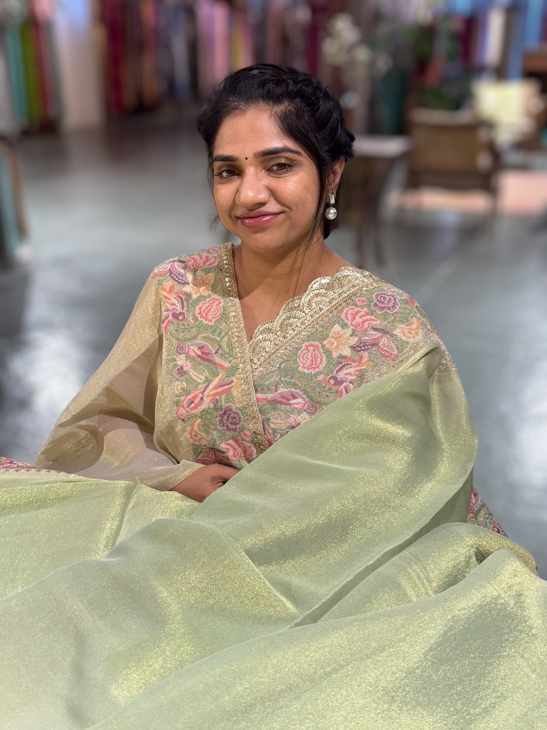 Light Apple Green Tissue Gorgette Saree With Petite Point Embroidered Border