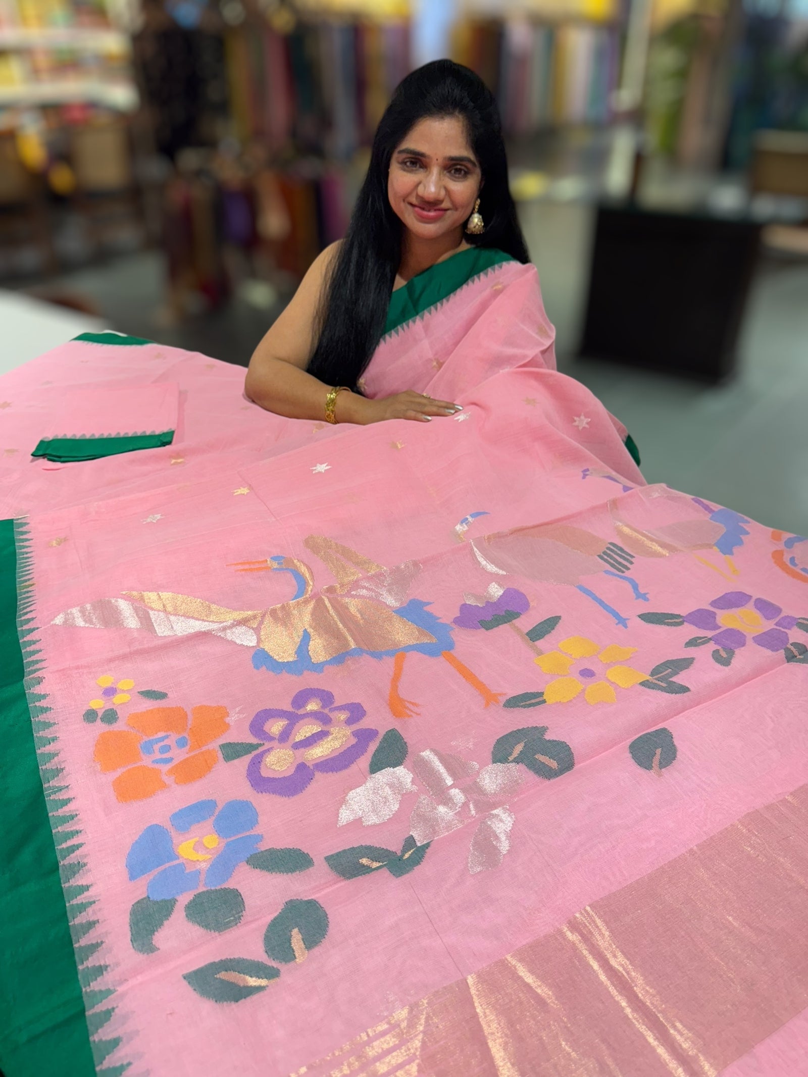 Lotus Pink Pure handloom Ponduru Khadi jamdani Saree with swan pallu