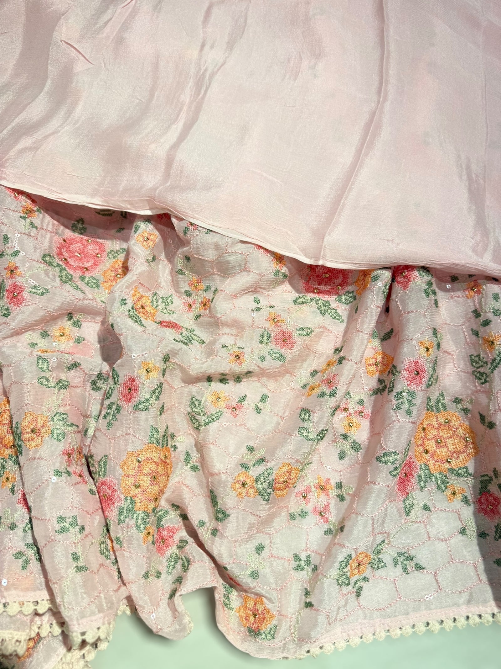 Baby Pink Chinnon saree with allover petite point embroidery