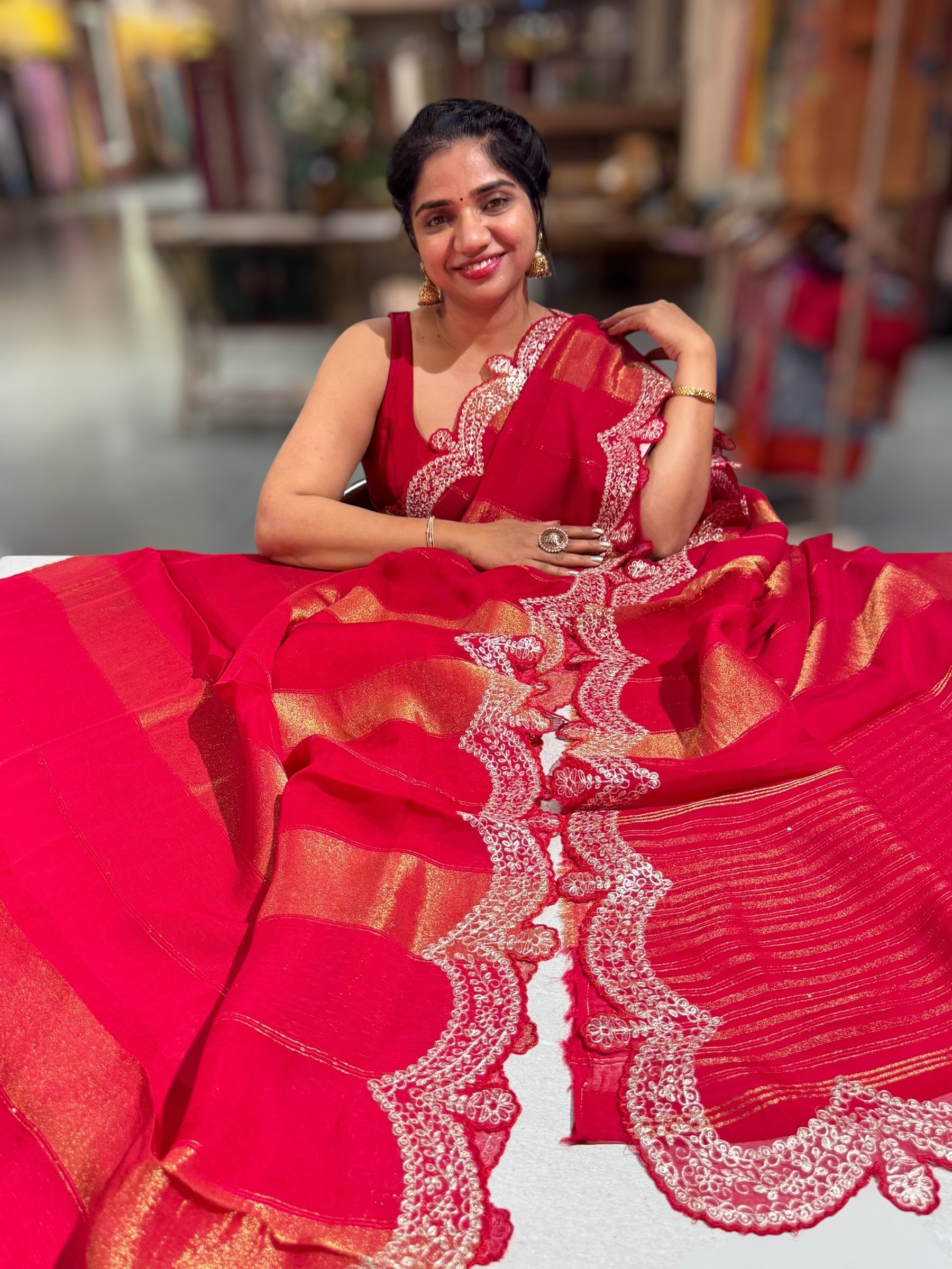 Red Organza and Tissue stripes Saree with Pita Embroidery