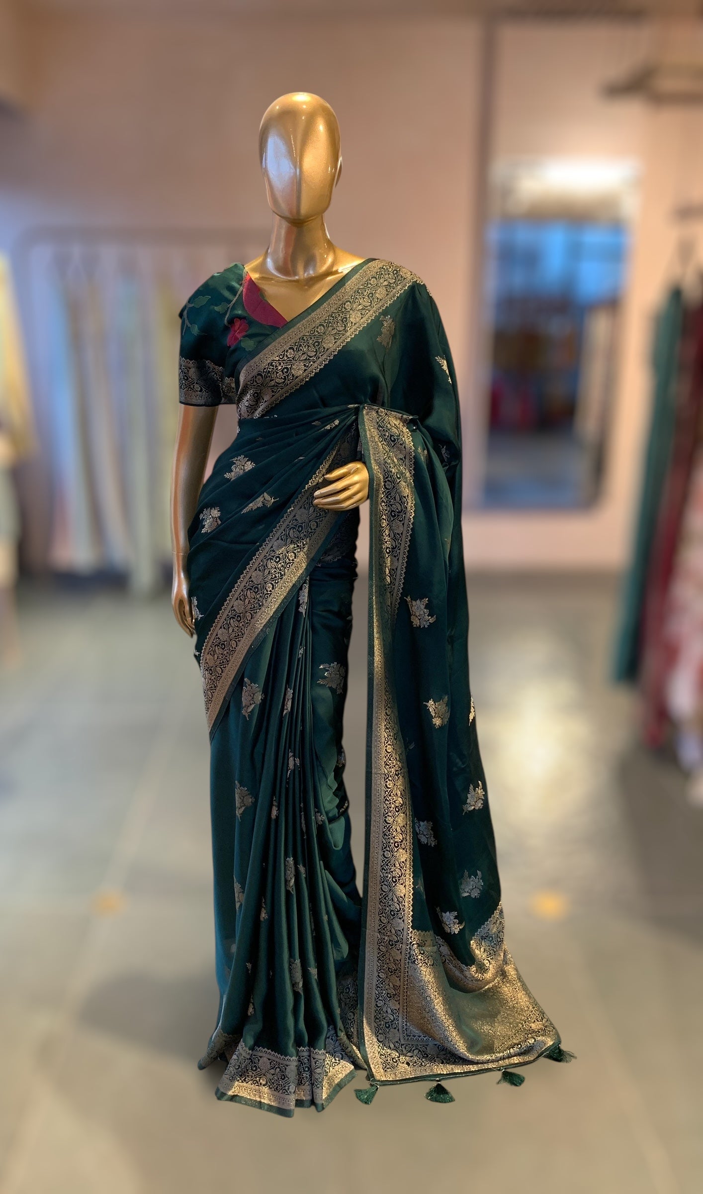Forest Green Mashru Silk Saree with Paithani inspired embroidered blouse