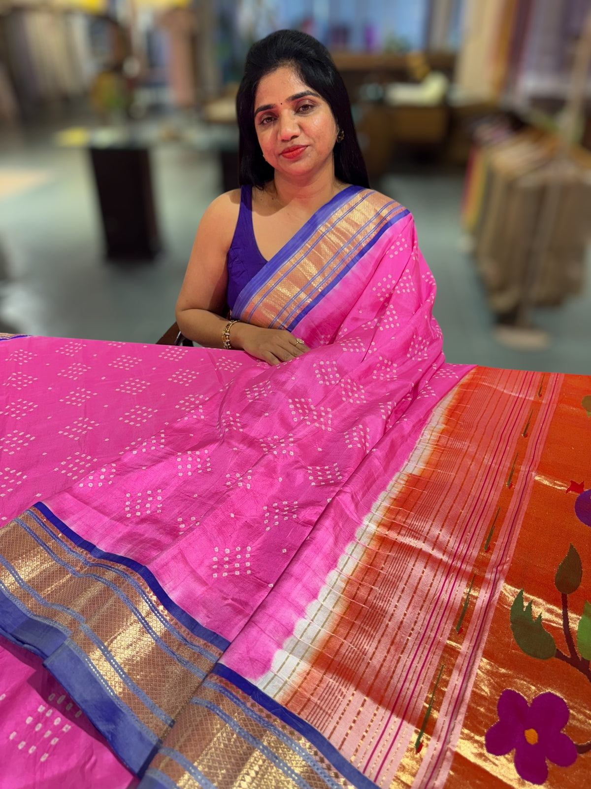 Lotus Pink Pure handloom Bandhini paithani saree