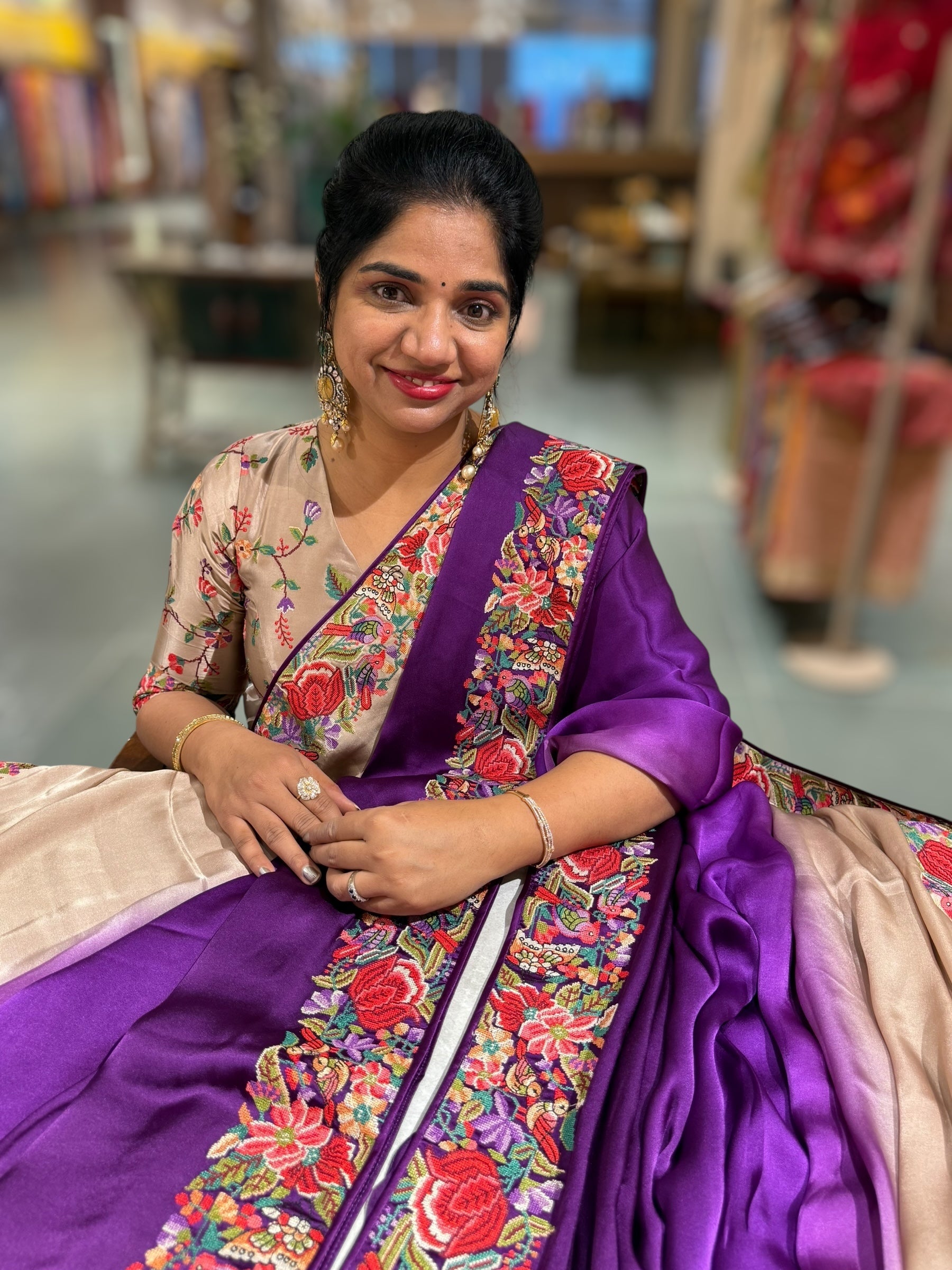 Pure Satin Ombre Dyed Saree with Petite Point Embroidered Border and blouse.