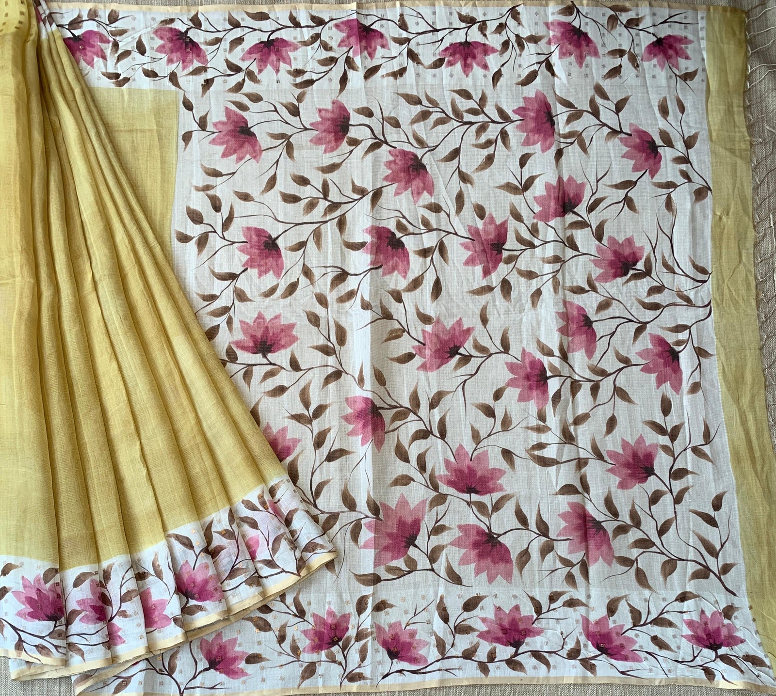 Pastel Yellow Tussar Kota Tissue Saree with Handpainted Muslin Border and Pallu
