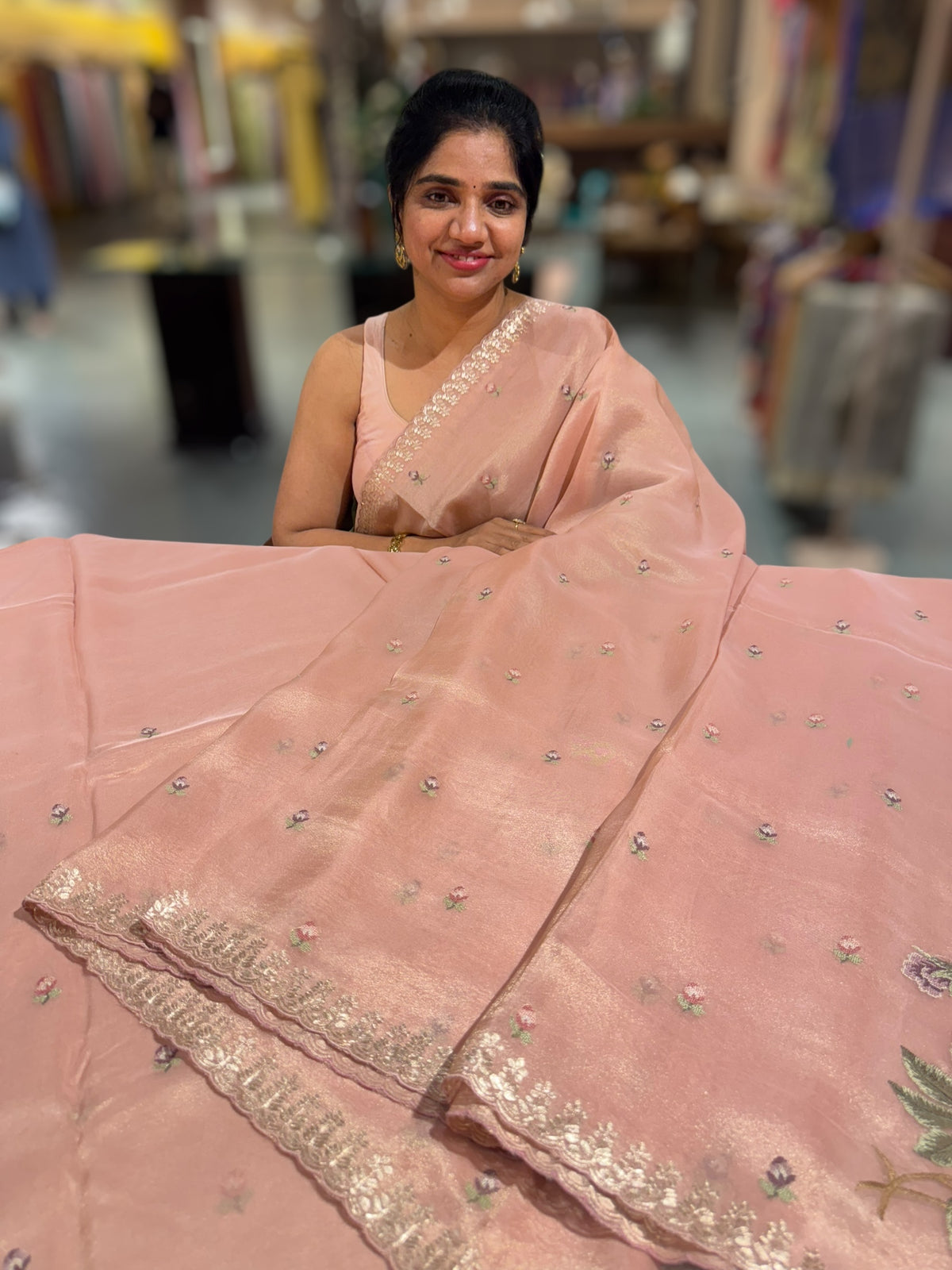 Peach Pink Tissue Georgette Saree with petite point emb