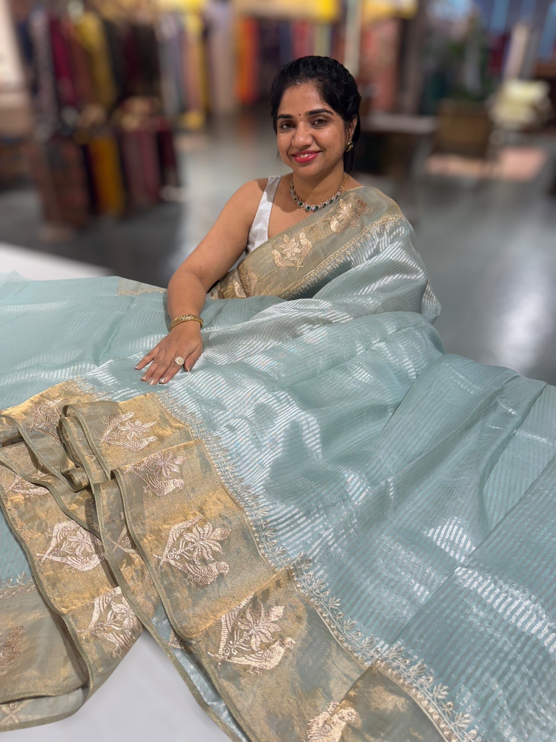 Pastel Blue Kora tissue silver stripes Saree with double parrot  embroidered tissue border