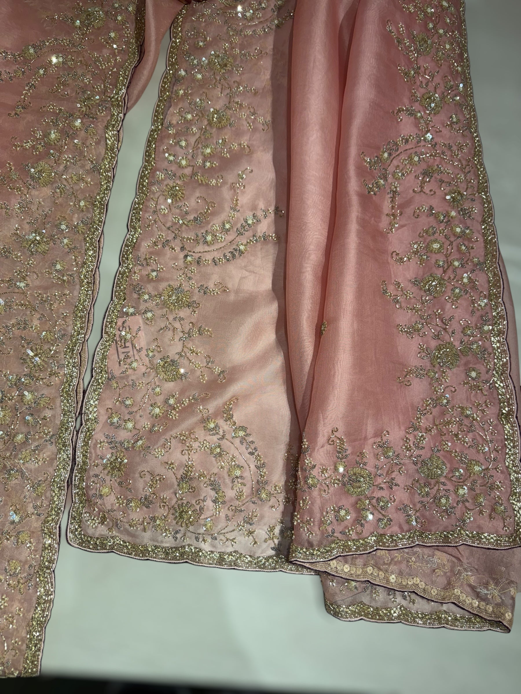 Blush Pink Organza heavy handwork saree with ready to wear blouse