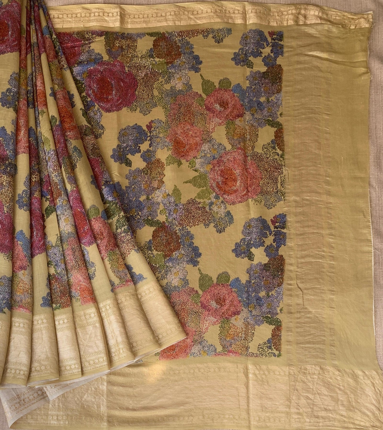 Pista Green Pure Handloom Chiniya Silk Saree with stunning Floral Print and zari borders