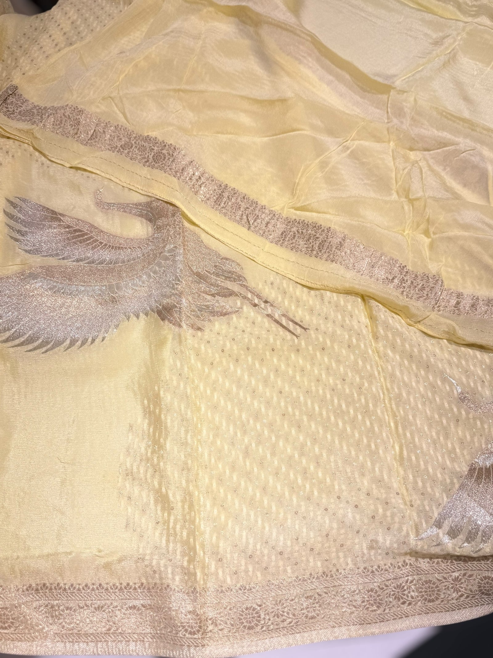 Pastel yellow banarasi chifoon  with bird weaving