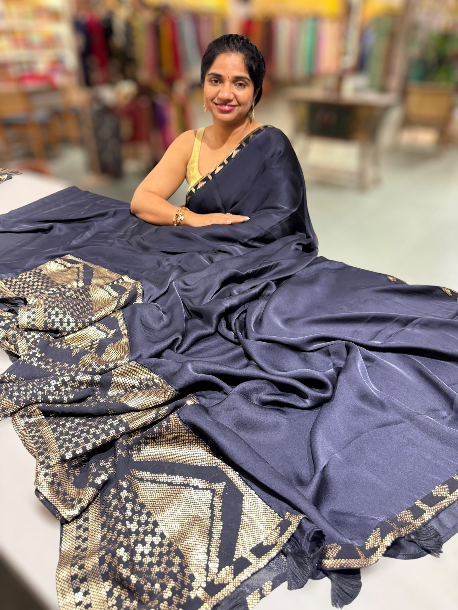 Navy pure Satin Saree with designer sequence border and blouse