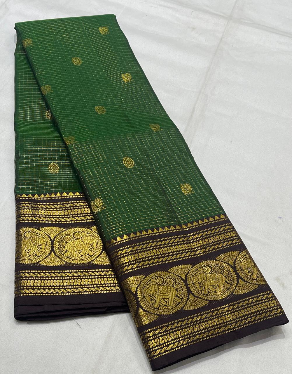 Emerald Green and Brown Combo Vaira Oosi Checks Vintage Kanjeevaram Saree
