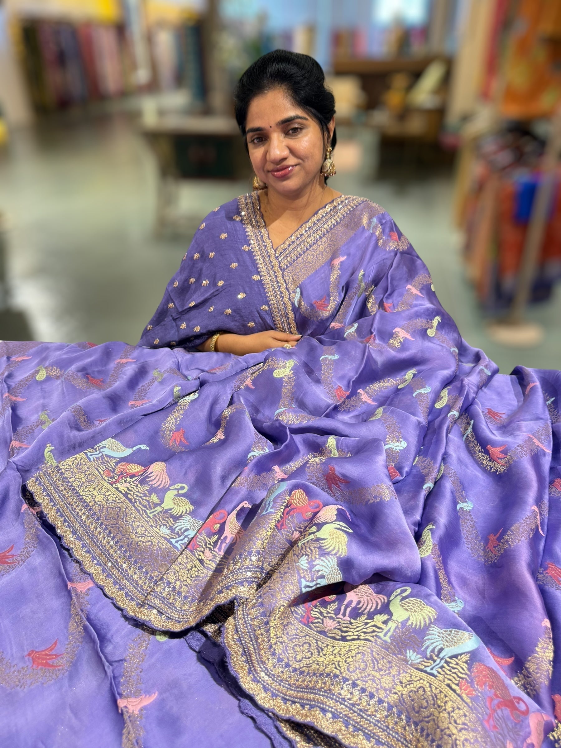 Lavender Mashru Silk Saree with allover weaving and Sahbysachi borders and Blouse