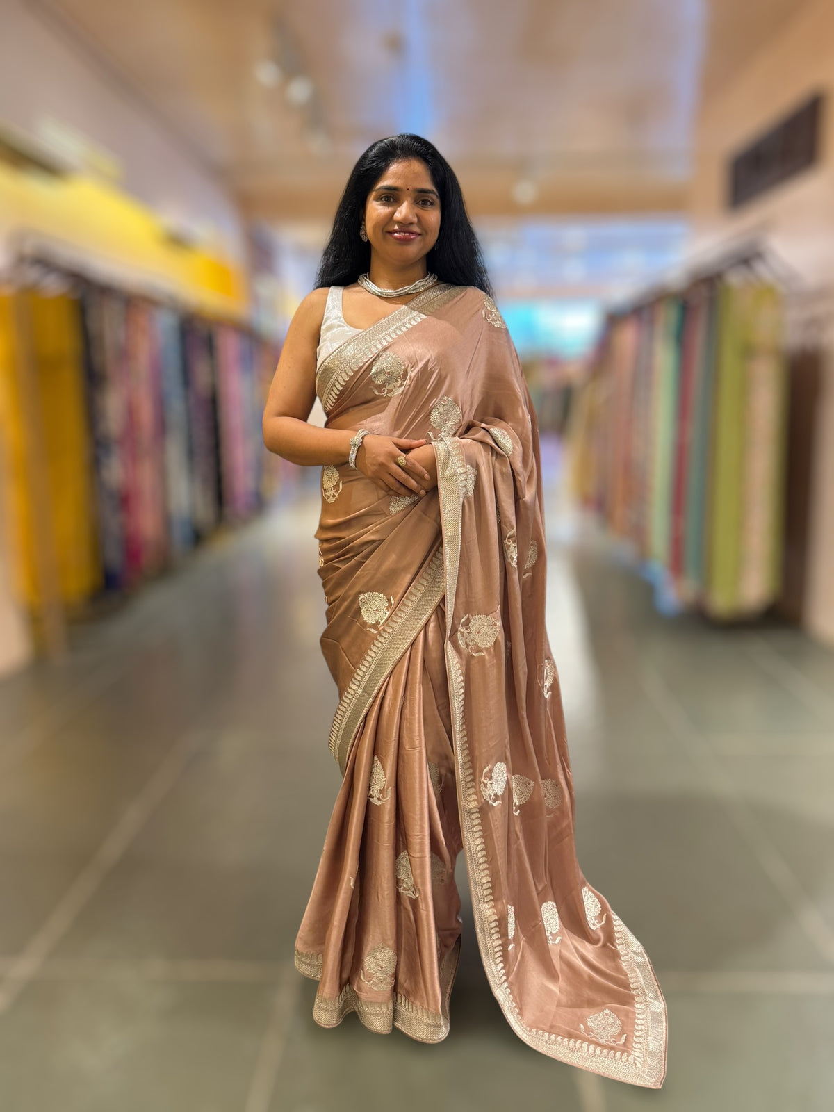 Light Brown Satin Saree with Embroidery.