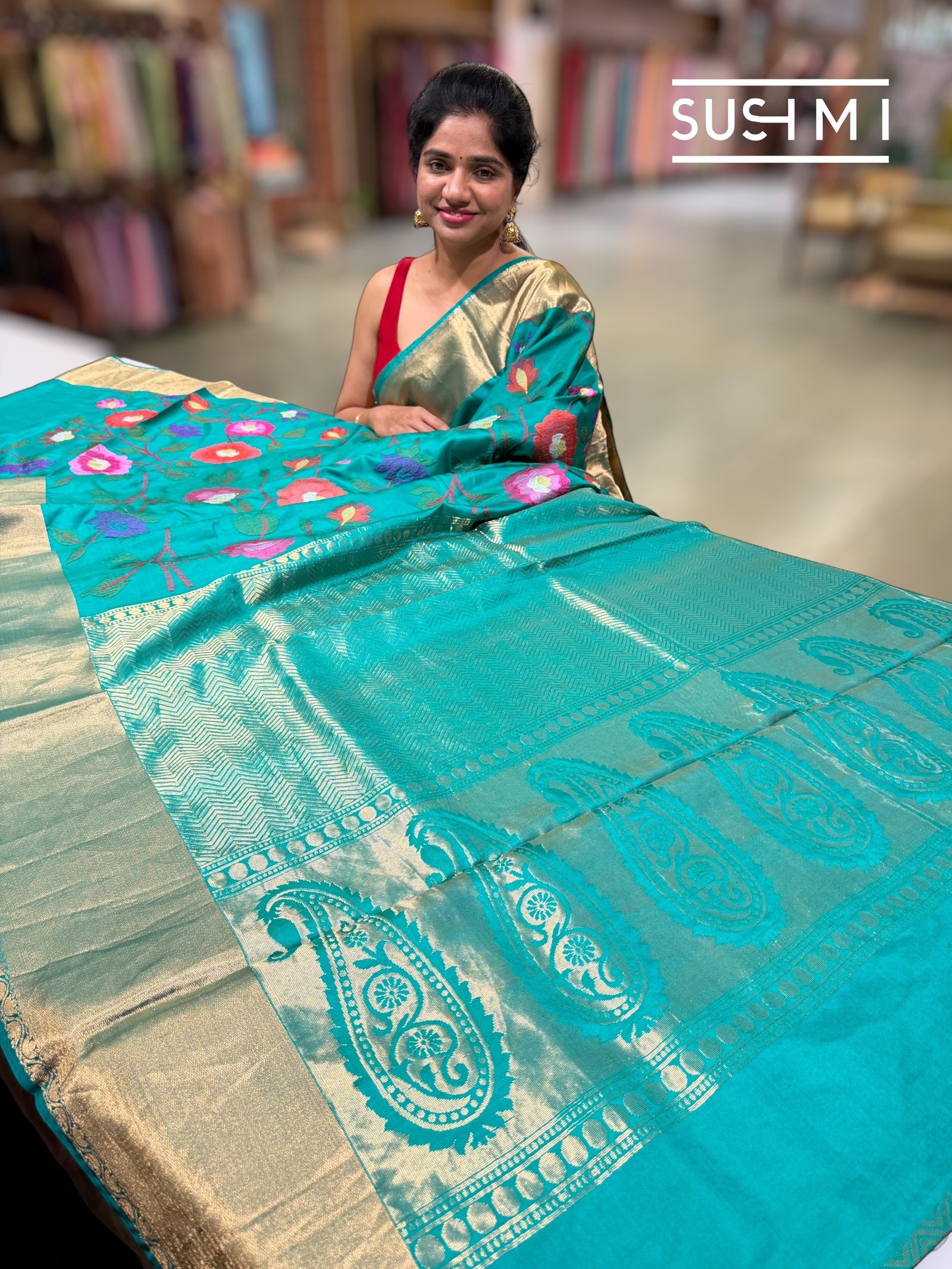Peacock Blue Kanchi Soft Silk Saree with embroidery : S62F174