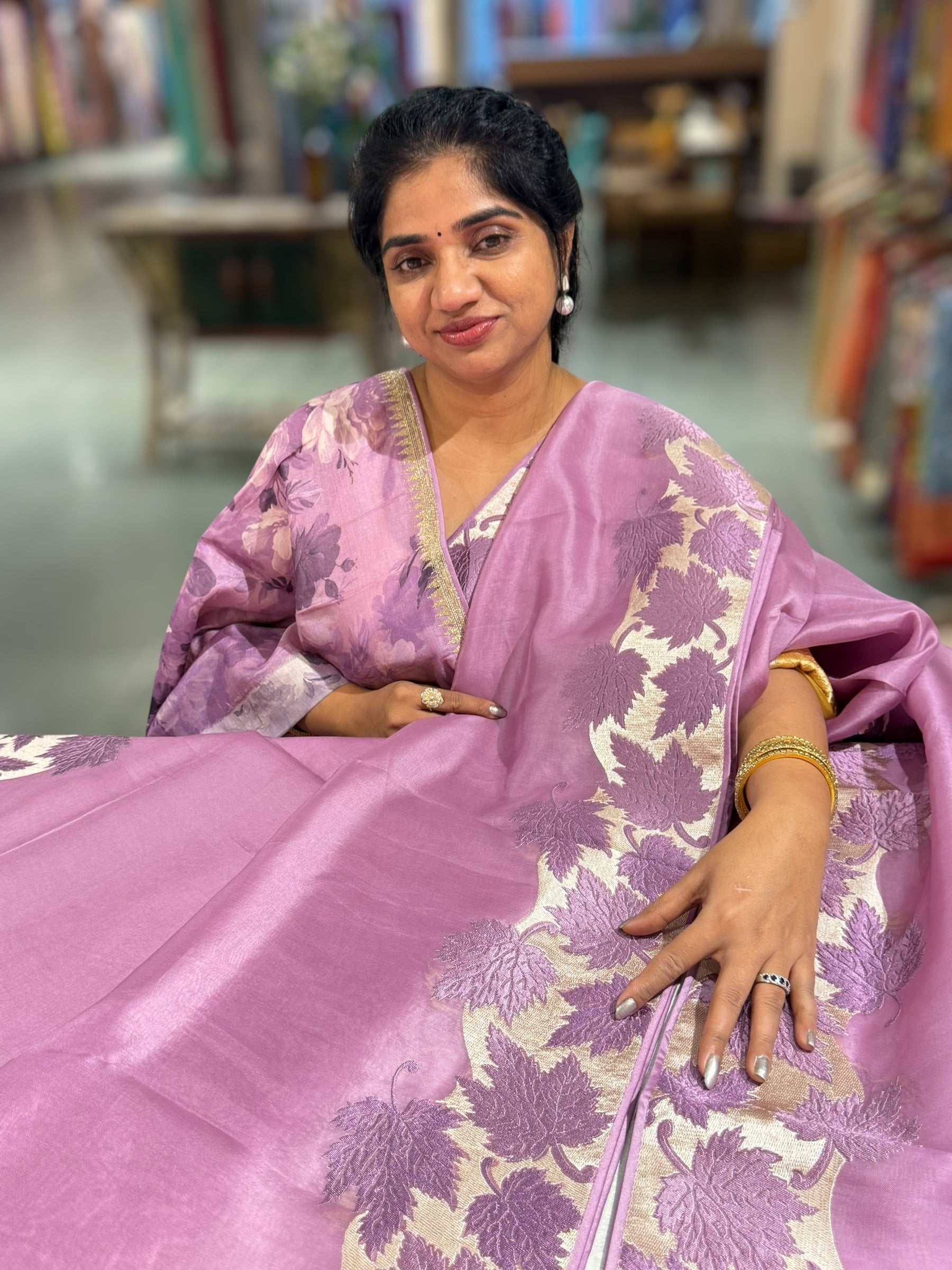 Lilac Organza Saree with Stunning Leaf Embroidered Border