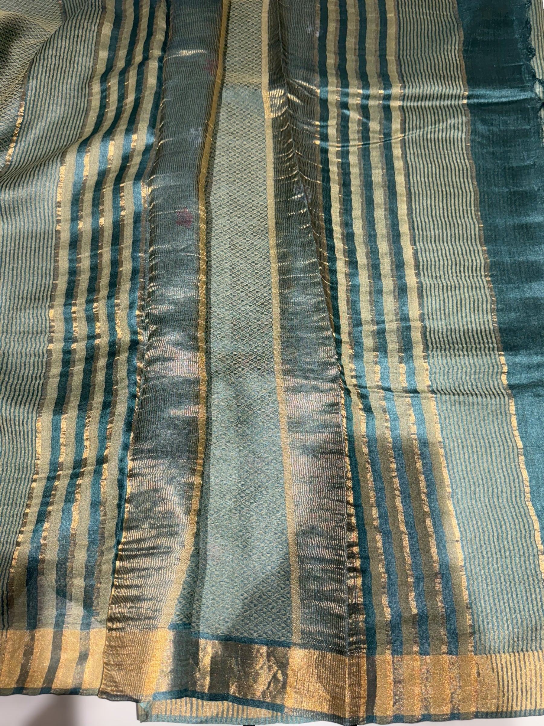 Sage Green Tussar Brocade Saree With Statement Red Rose Embroidery.
