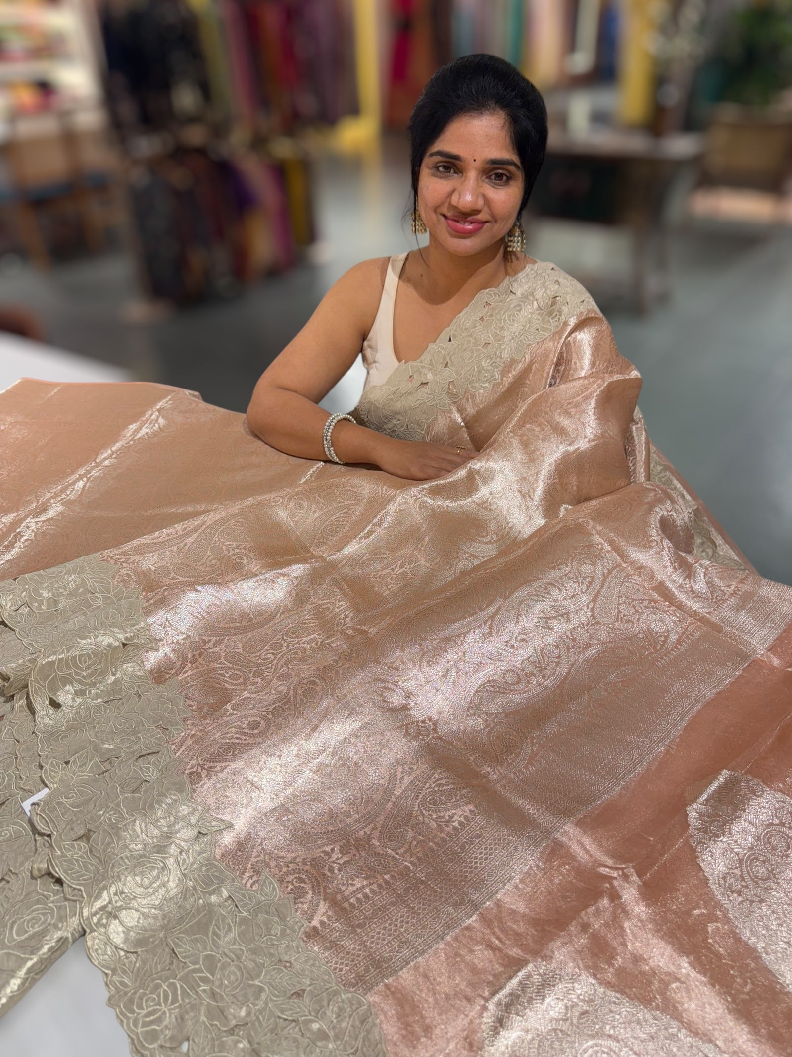 Peach Tissue Brocade allover weaving Saree with Tissue Cutwork Rose Border