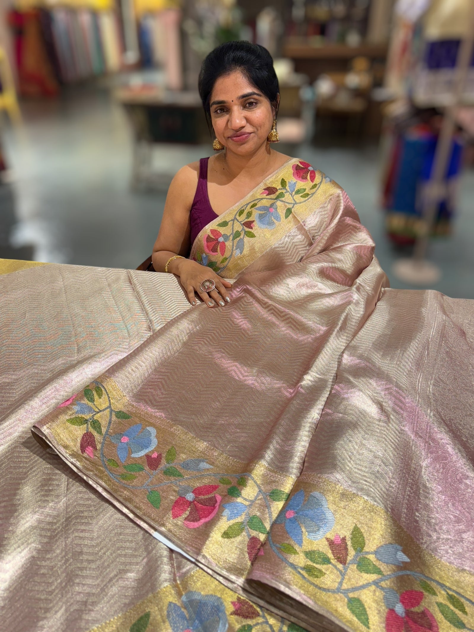Light Rose Pink Kanchi Tissue Brocade Saree With jamdani inspired embroidery.