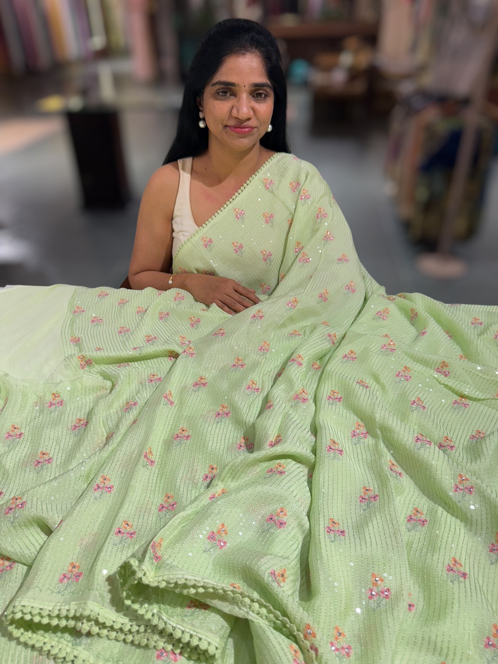 Sea Green chiffon saree with embroidery