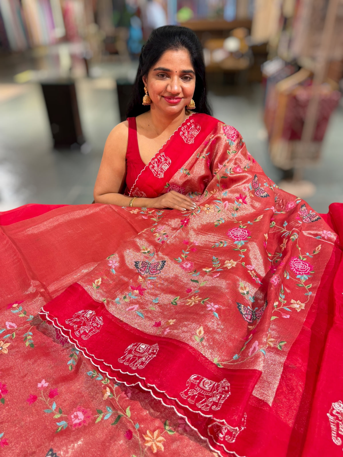 Red Premium Handloom Designer Tissue saree with exquisite embroidery