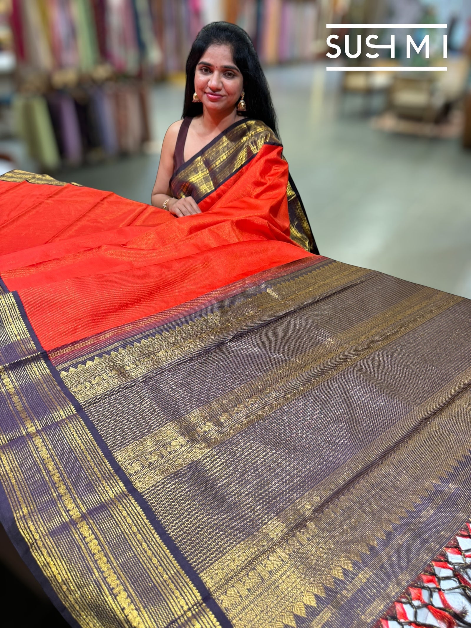 Fanta Orange Vaira Oosi Stripes Vintage Kanjeevaram Saree : S62F120