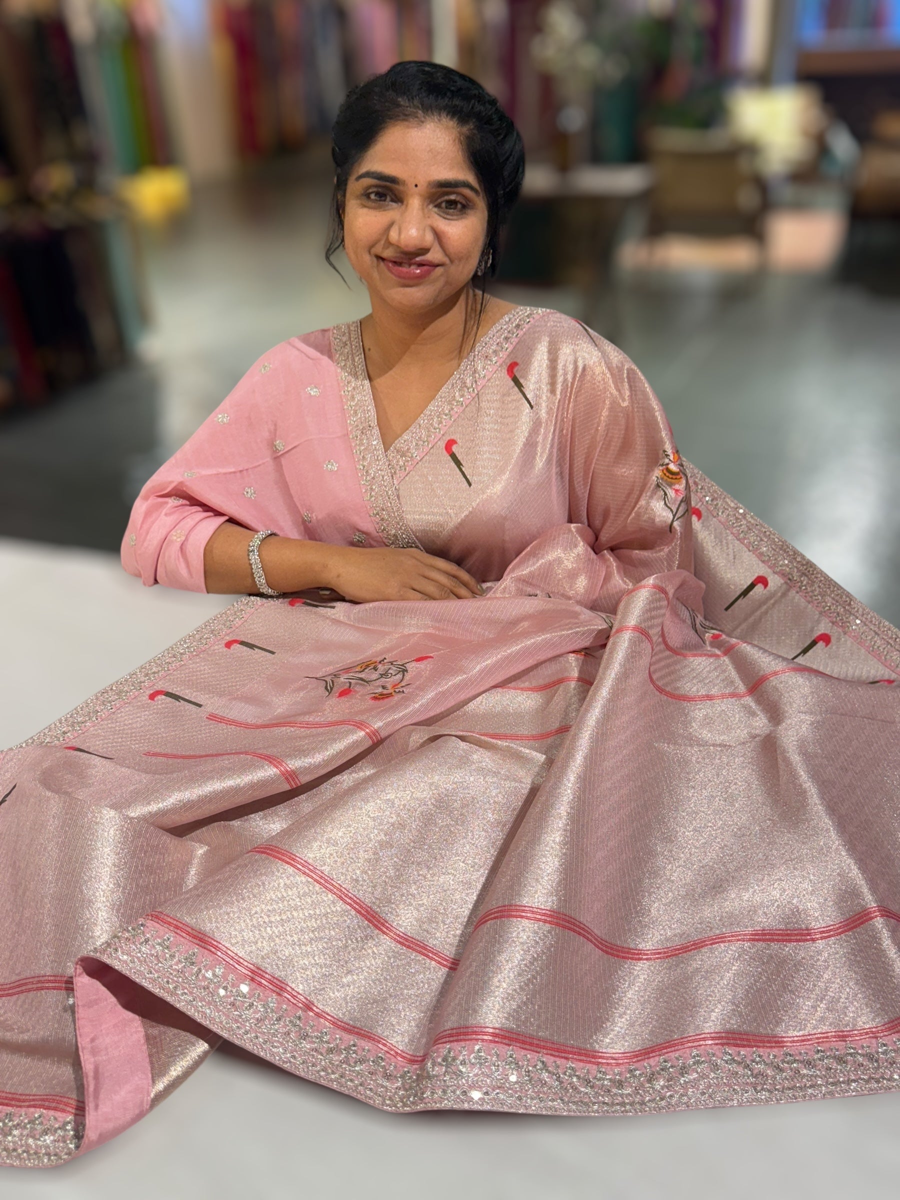 Baby Pink Tissue Kota Saree With sabhyasachi Borders and Blouses