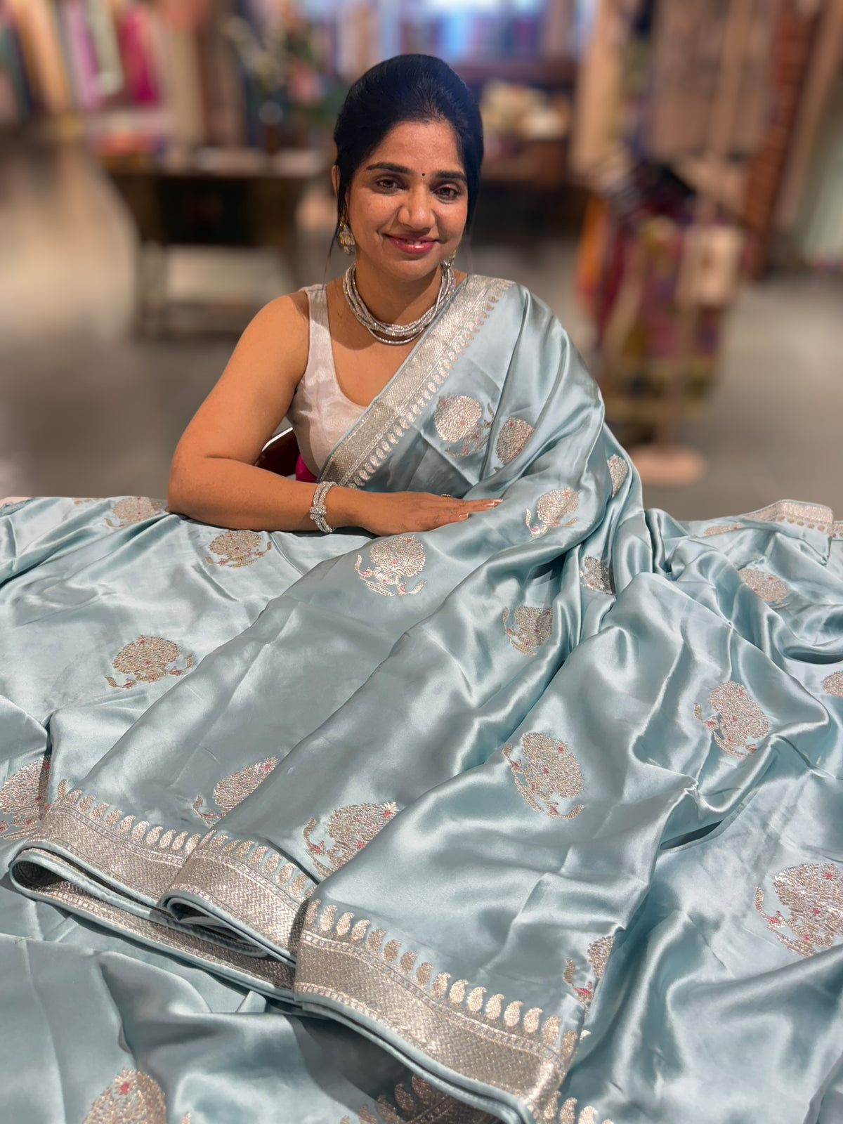 Dusty Blue Pure Satin Saree with Embroidery.