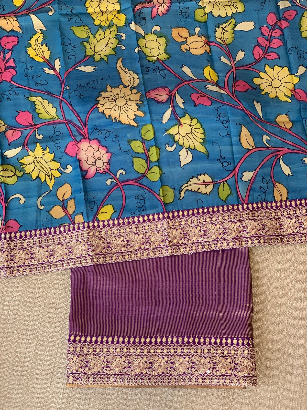 Purple kora Muslin Tissue fusion saree