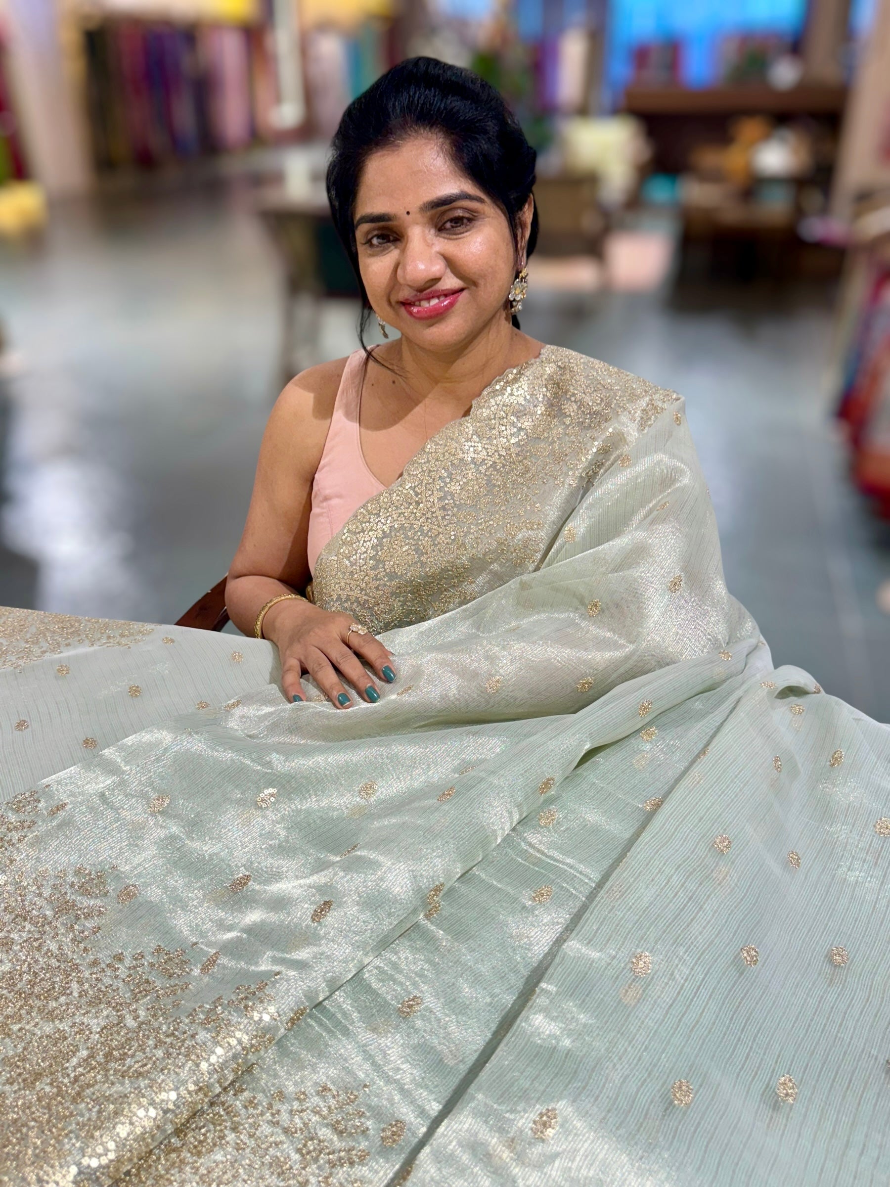 Mint Blue Tissue Saree with Heavy Sequence Embroidered Scallop Border