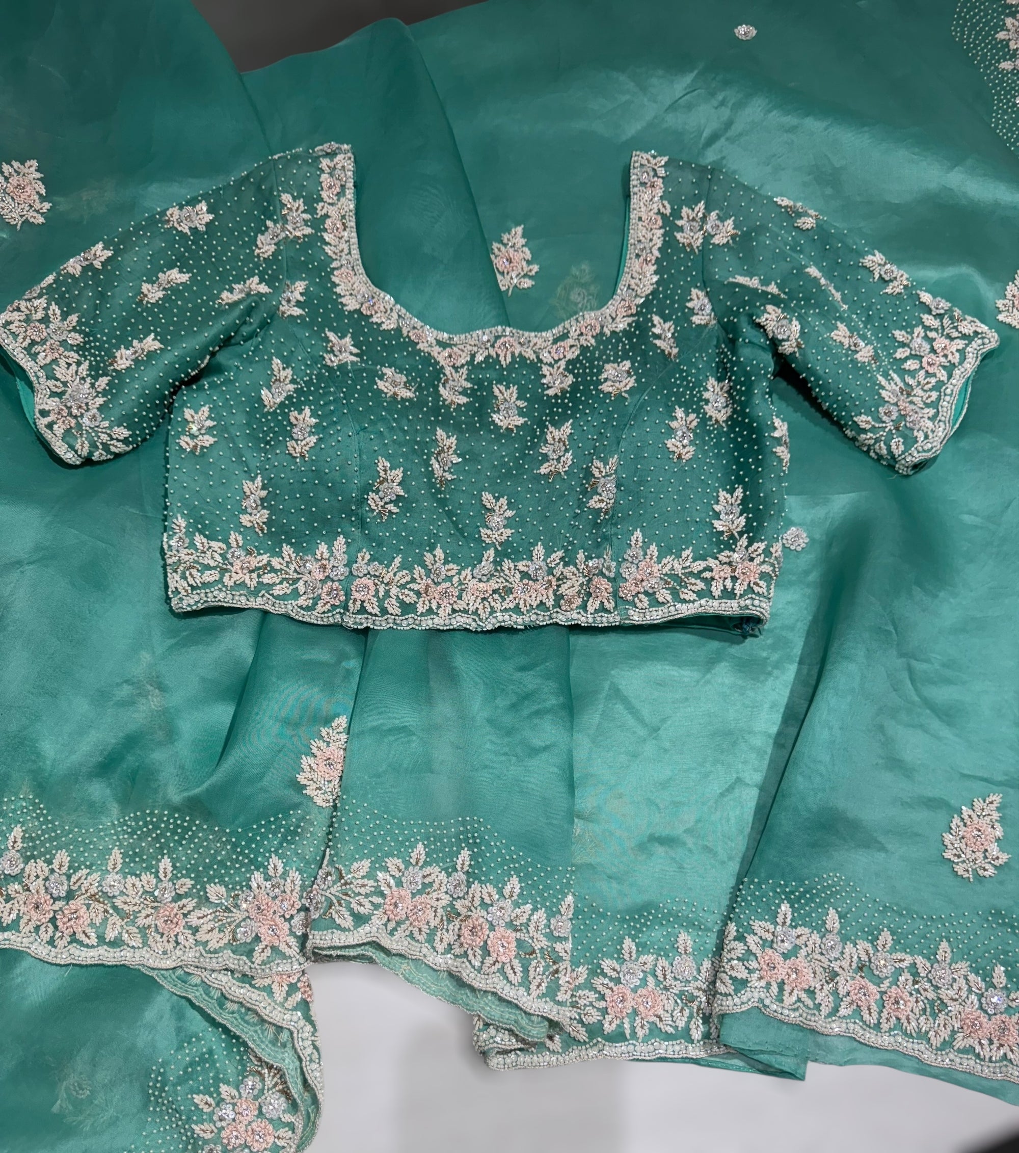 Sea Organza heavy handwork saree with ready to wear blouse