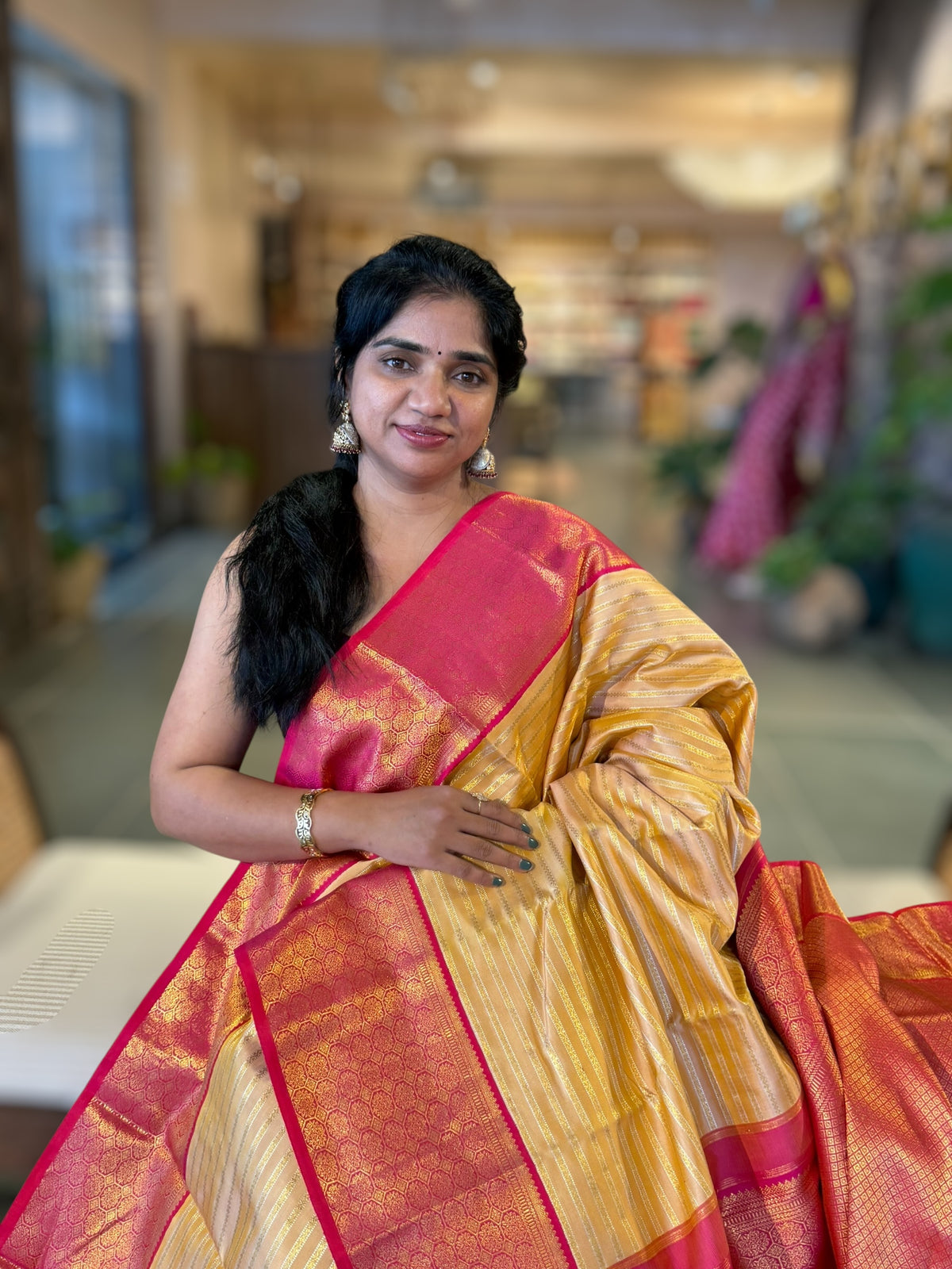 Beige  and Reddish Pink Combo kanchi  kuttu border saree with horizontal stripes