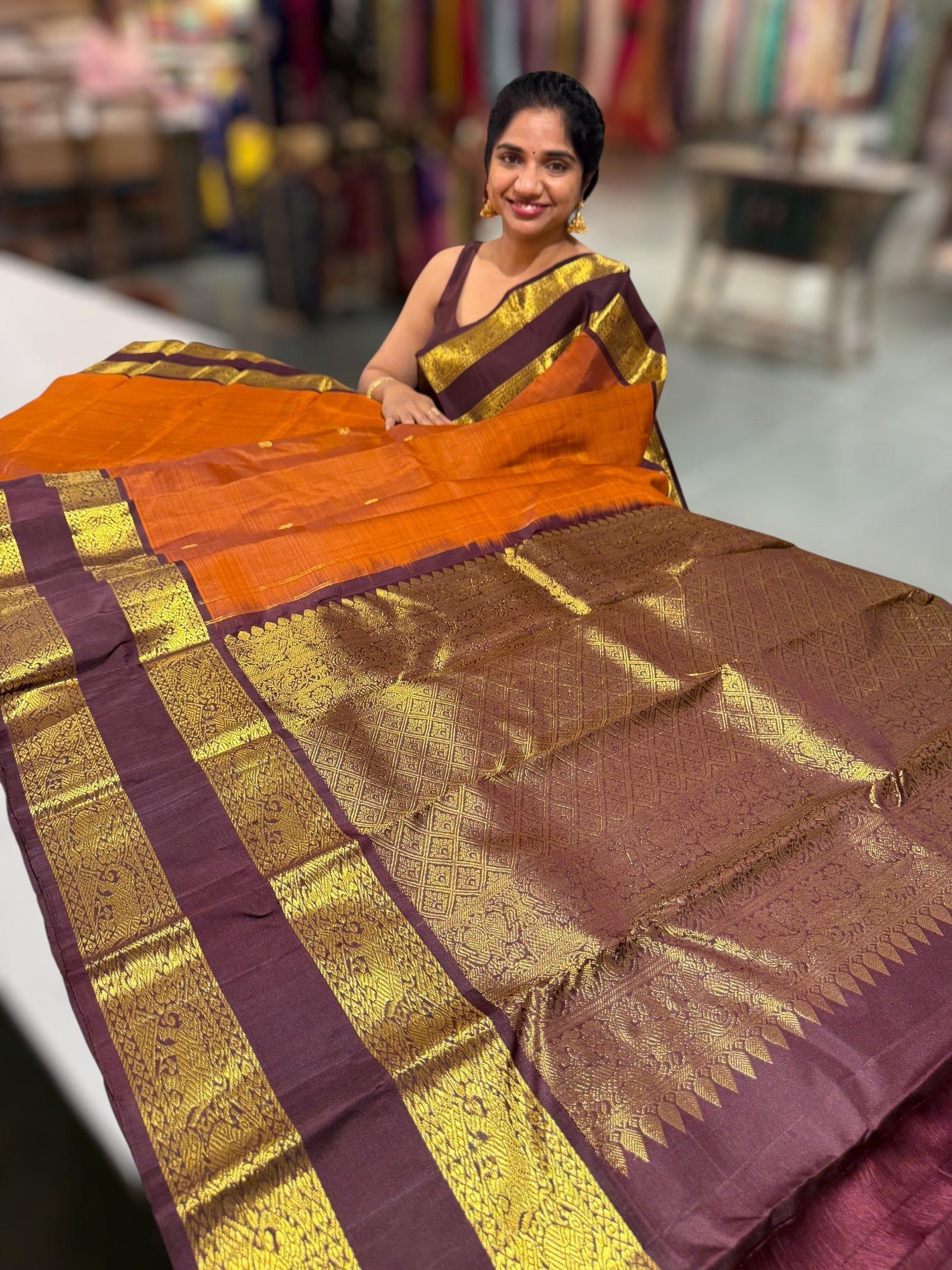 Rust Orange and Winish Brown Vintage  Kanchipuram Gap border Saree