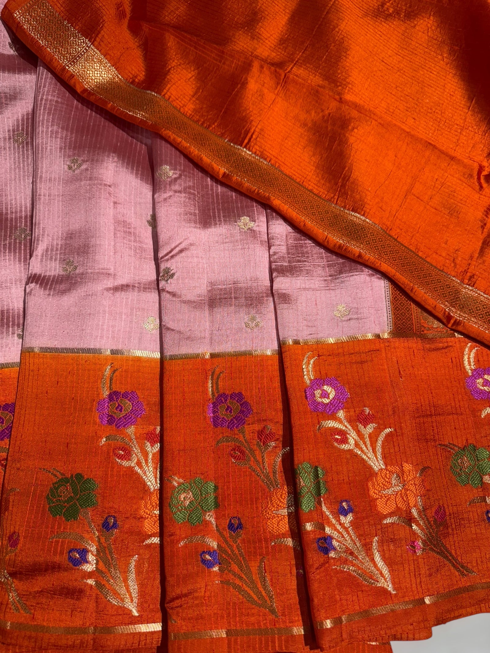 Onion pink & Orange Poona silk saree