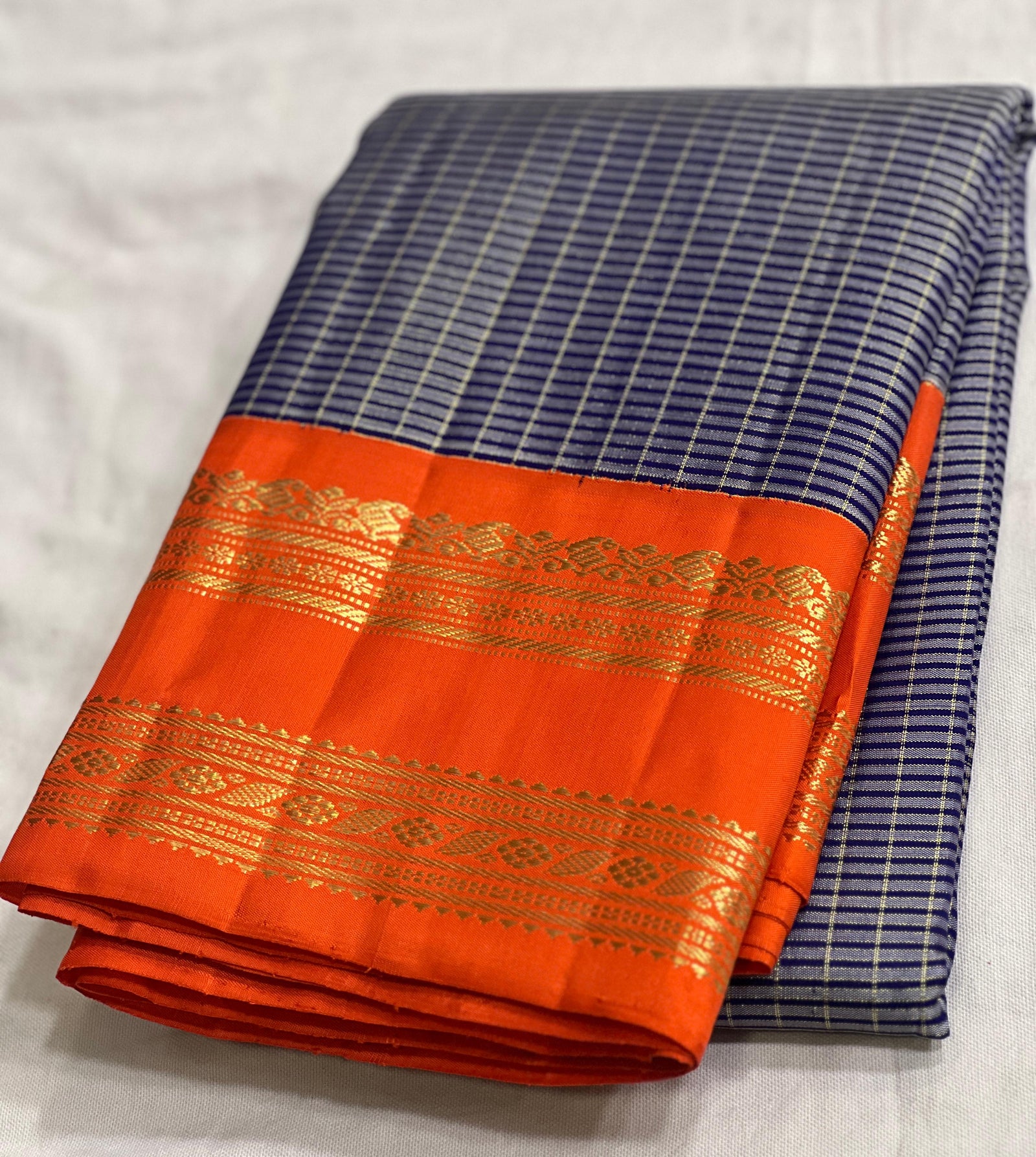 Blue & Orange Combo Vintage Checks Gap Border Kanjeevaram Saree