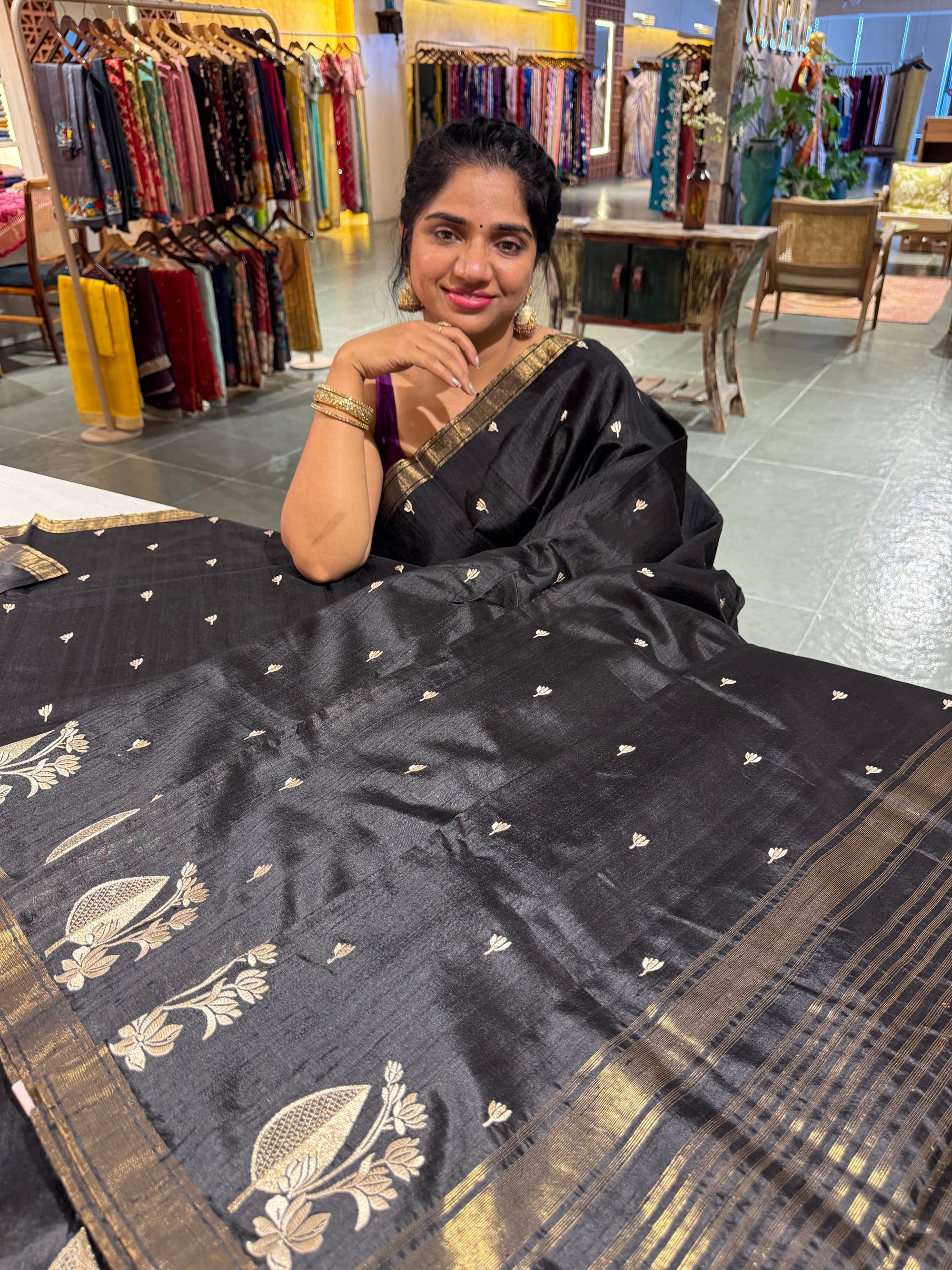 Black Pure Handloom Raw Silk Saree