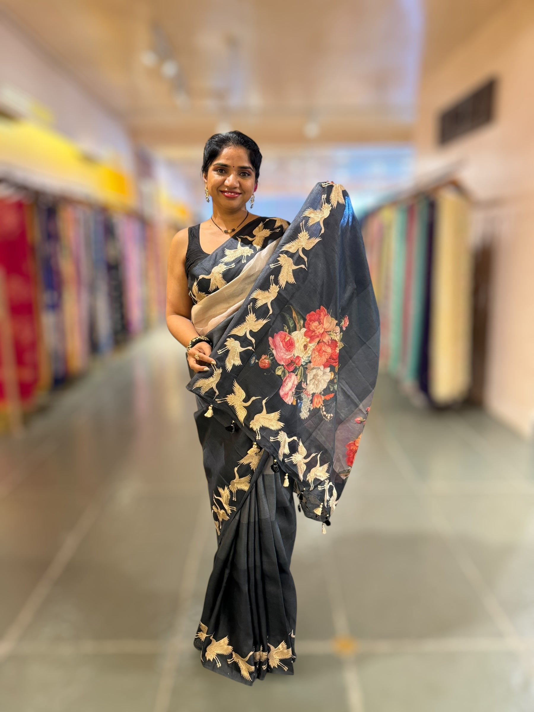 Tussar Rangkaat Saree With Crane Bird  Embroidered Border
