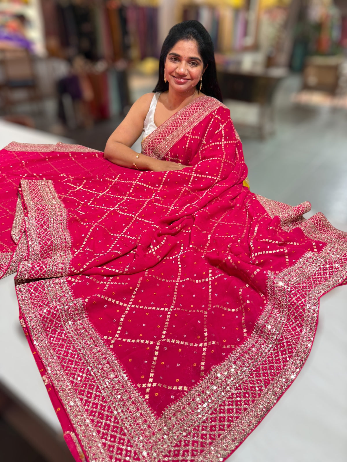 Dark Pink Fancy Banarasi Bandhini georgette saree with sabhyasachi borders and blouse
