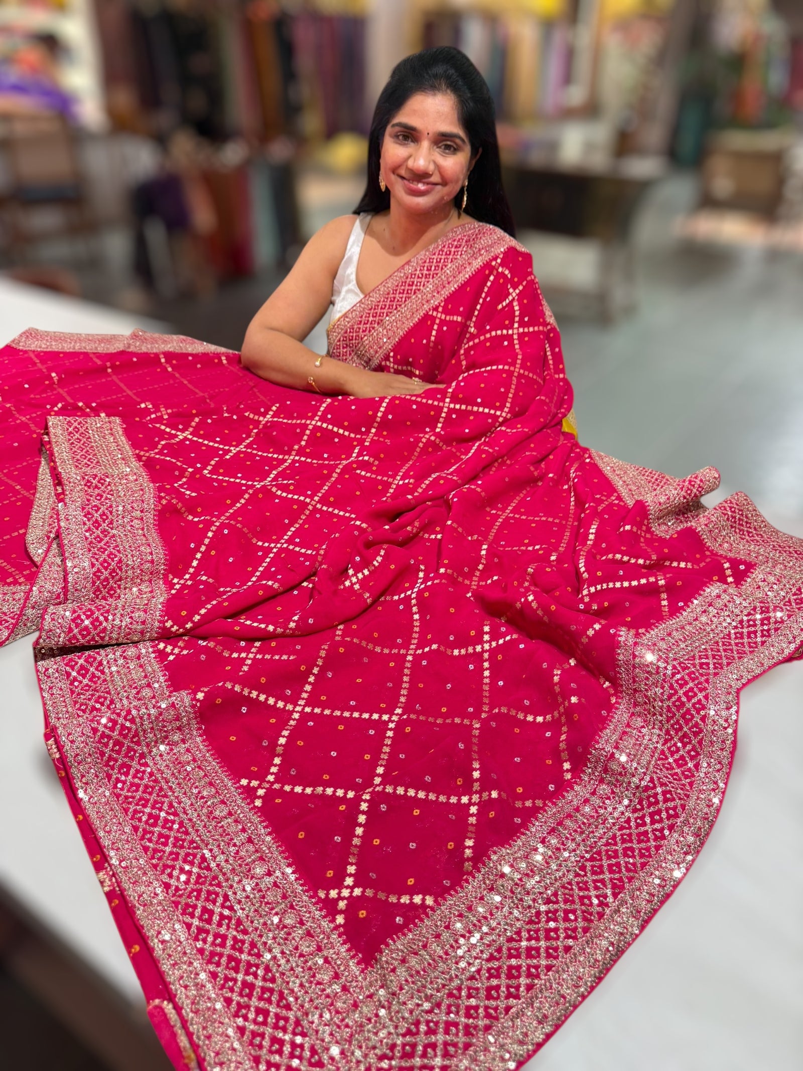 Dark Pink Fancy Banarasi Bandhini georgette saree with sabhyasachi borders and blouse