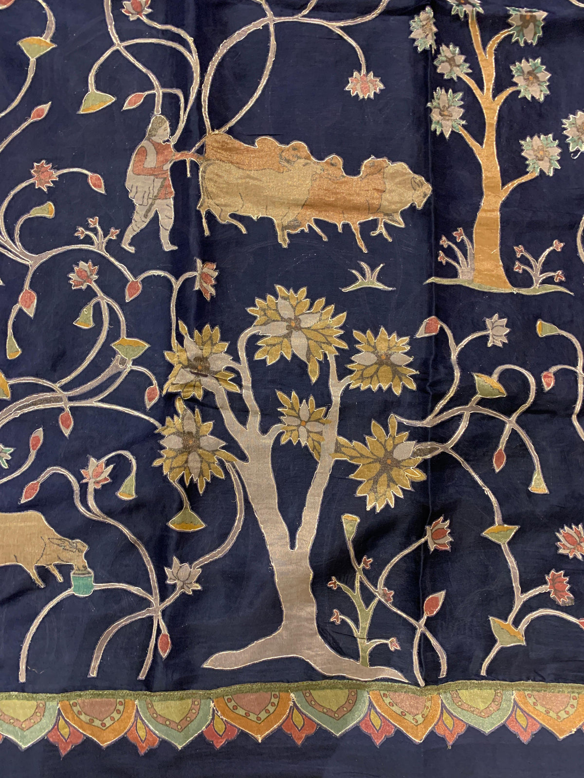 Midnight Blue Designer Organza Saree with Stunning Tissue Applique work Saree with Village theme