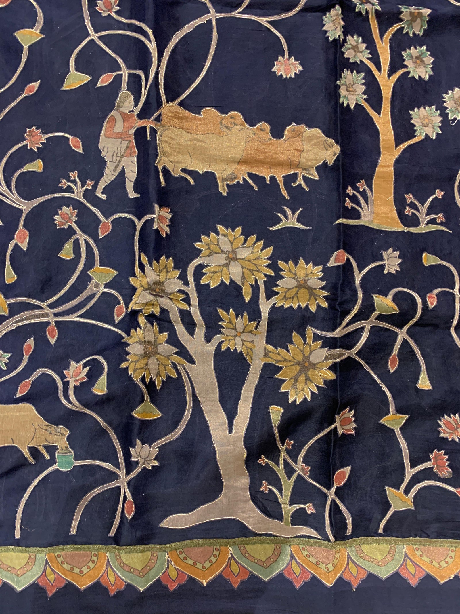 Midnight Blue Designer Organza Saree with Stunning Tissue Applique work Saree with Village theme