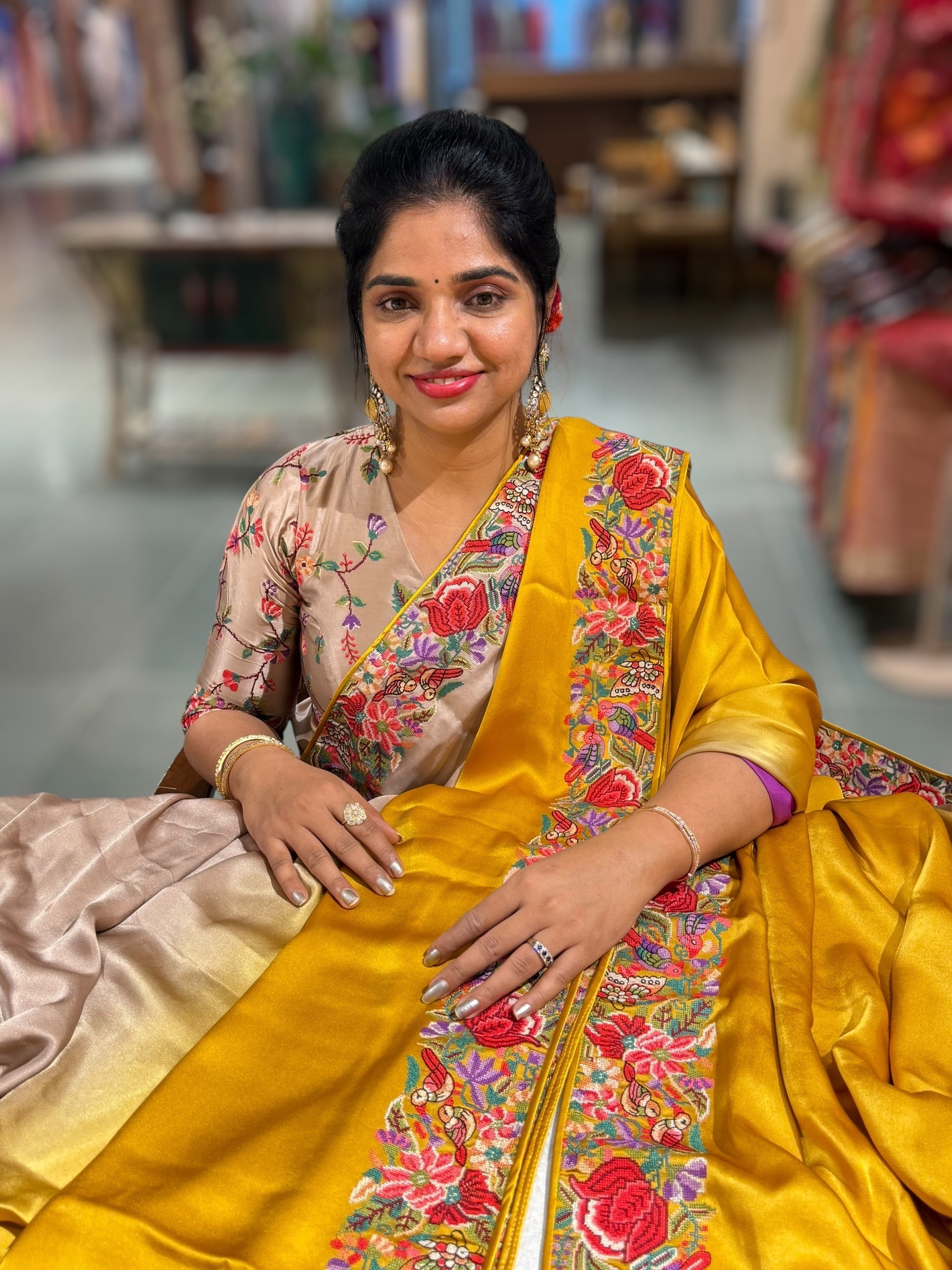 Pure Satin Ombre Dyed Saree with Petite Point Embroidered Border and blouse.