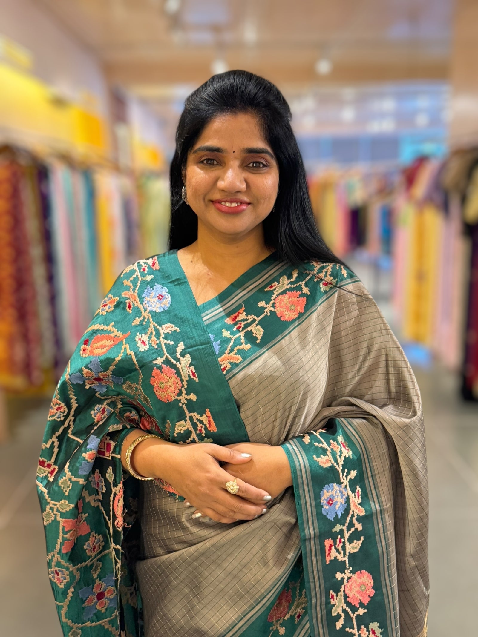 Dusty Grey & Teal Vintage Kanchi soft silk saree with embroidery