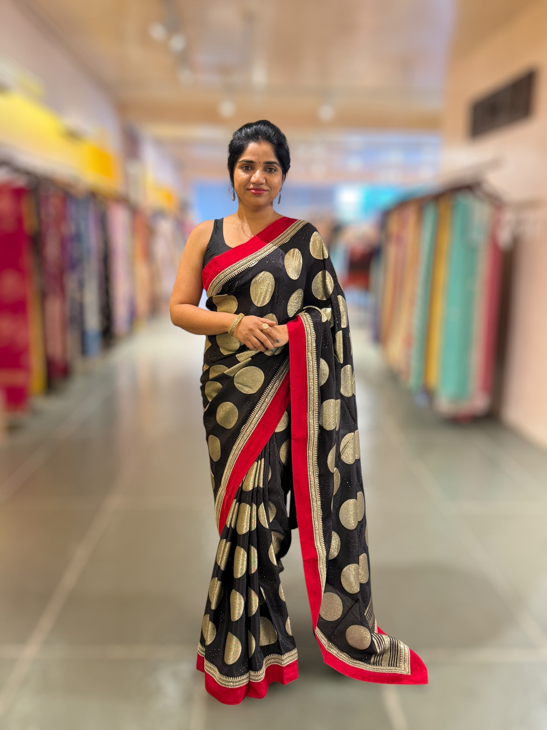 Black Crepe Silk Polka dot Saree with sabhyasachi Borders & Blouse
