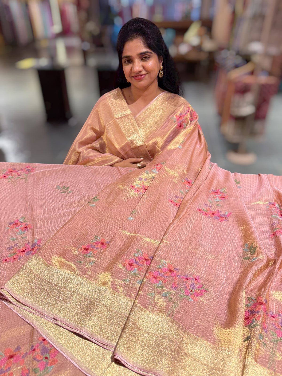 Peach Pink Fancy Banarasi tissue tonchoi weaving saree with embroidery