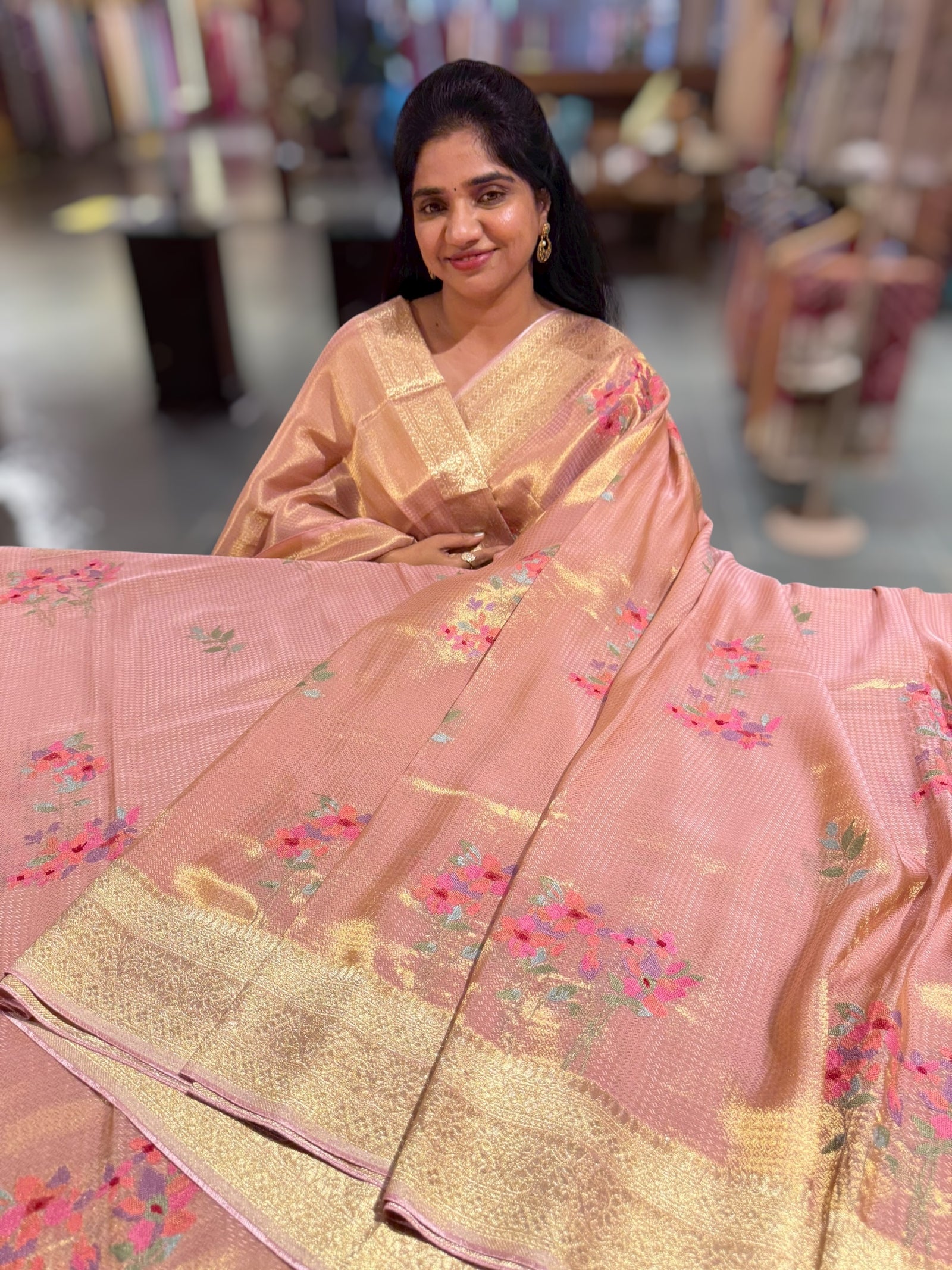 Peach Pink Fancy Banarasi tissue tonchoi weaving saree with embroidery