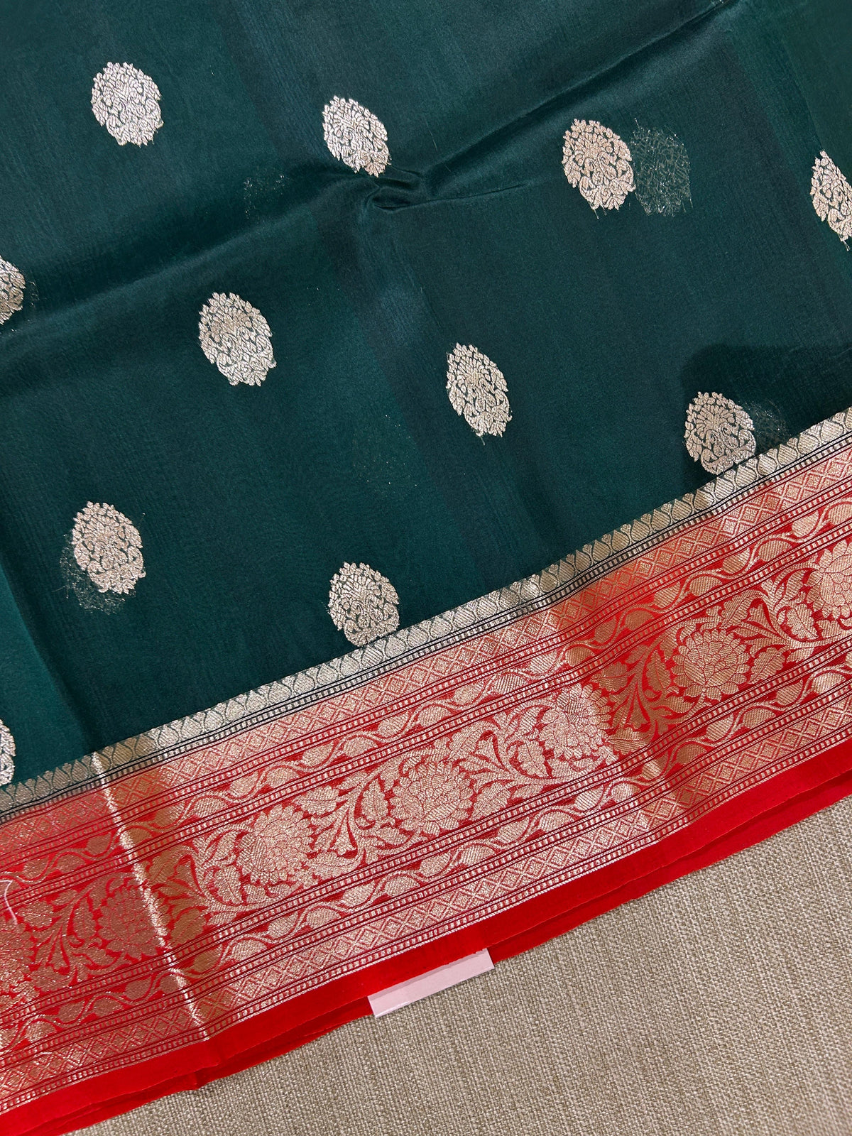Bottle Green & Red Combo Pure Handloom premium Kora Banarasi Saree